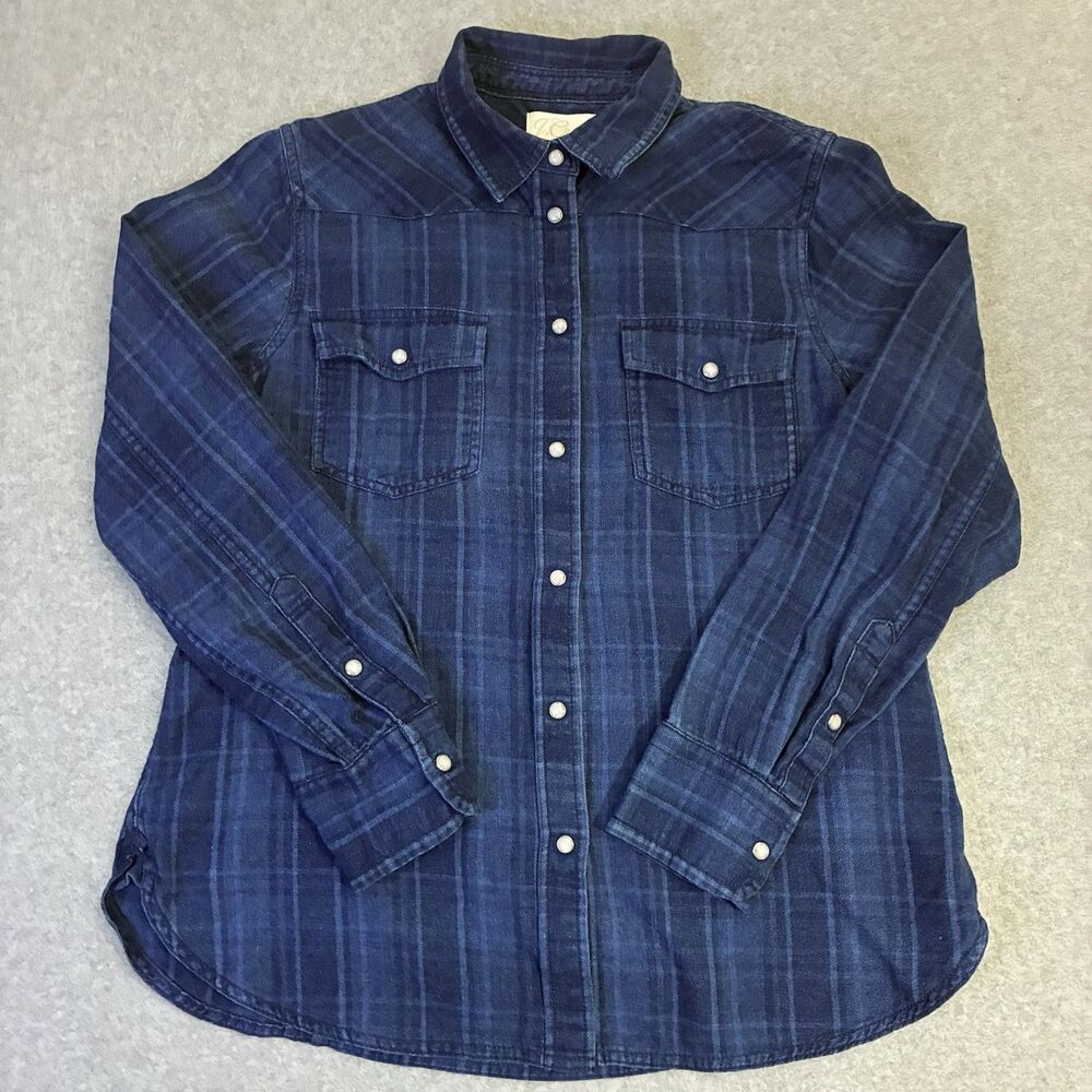 Women’s J.Crew Slim Fit Plaid Button Up Shirt Size 2 Blue Cotton Western